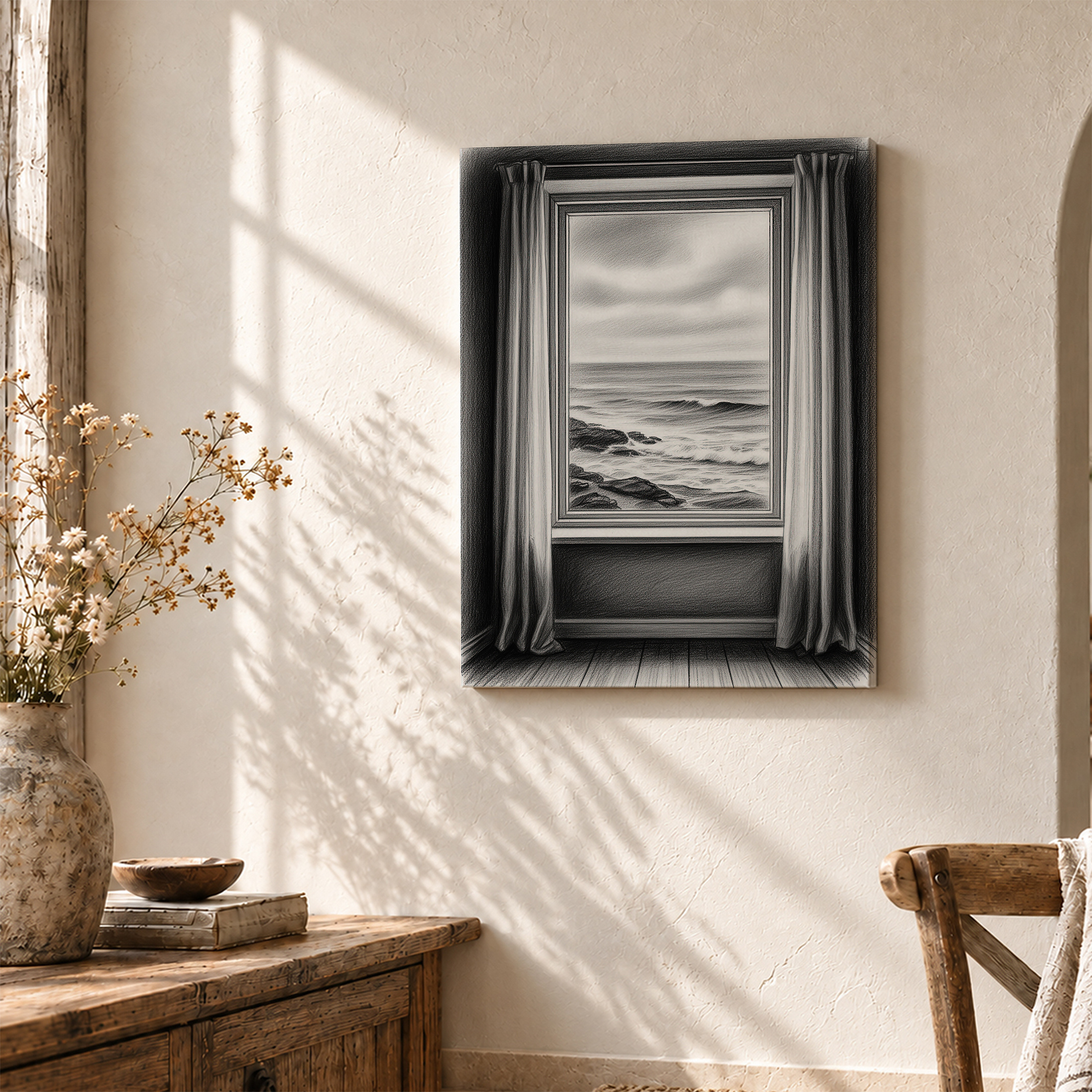 Coastal Window Seascape Framed Canvas Wall Art - Monochrome Serenity - Image 3