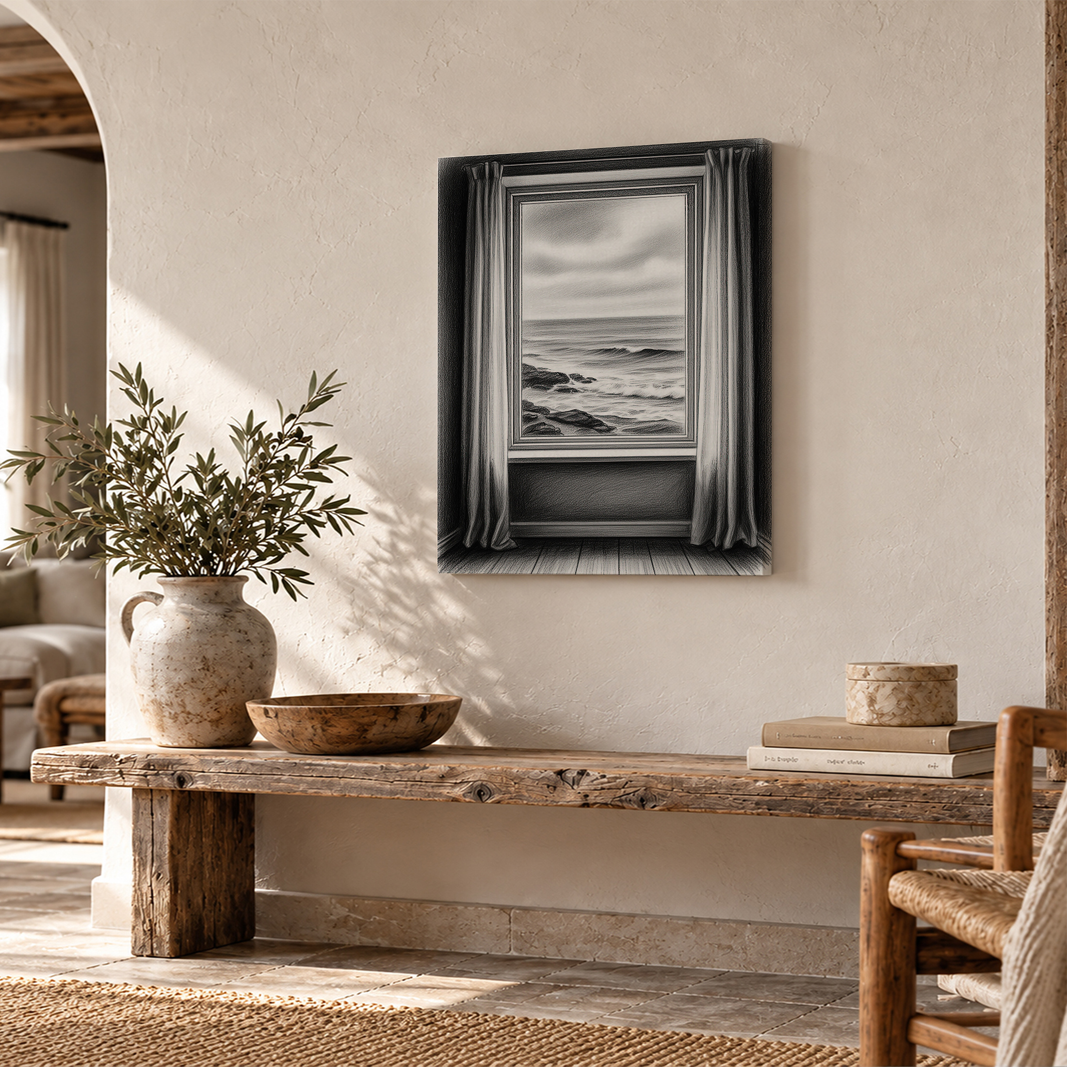 Coastal Window Seascape Framed Canvas Wall Art - Monochrome Serenity - Image 2
