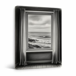 Coastal Window Seascape Framed Canvas Wall Art - Monochrome Serenity
