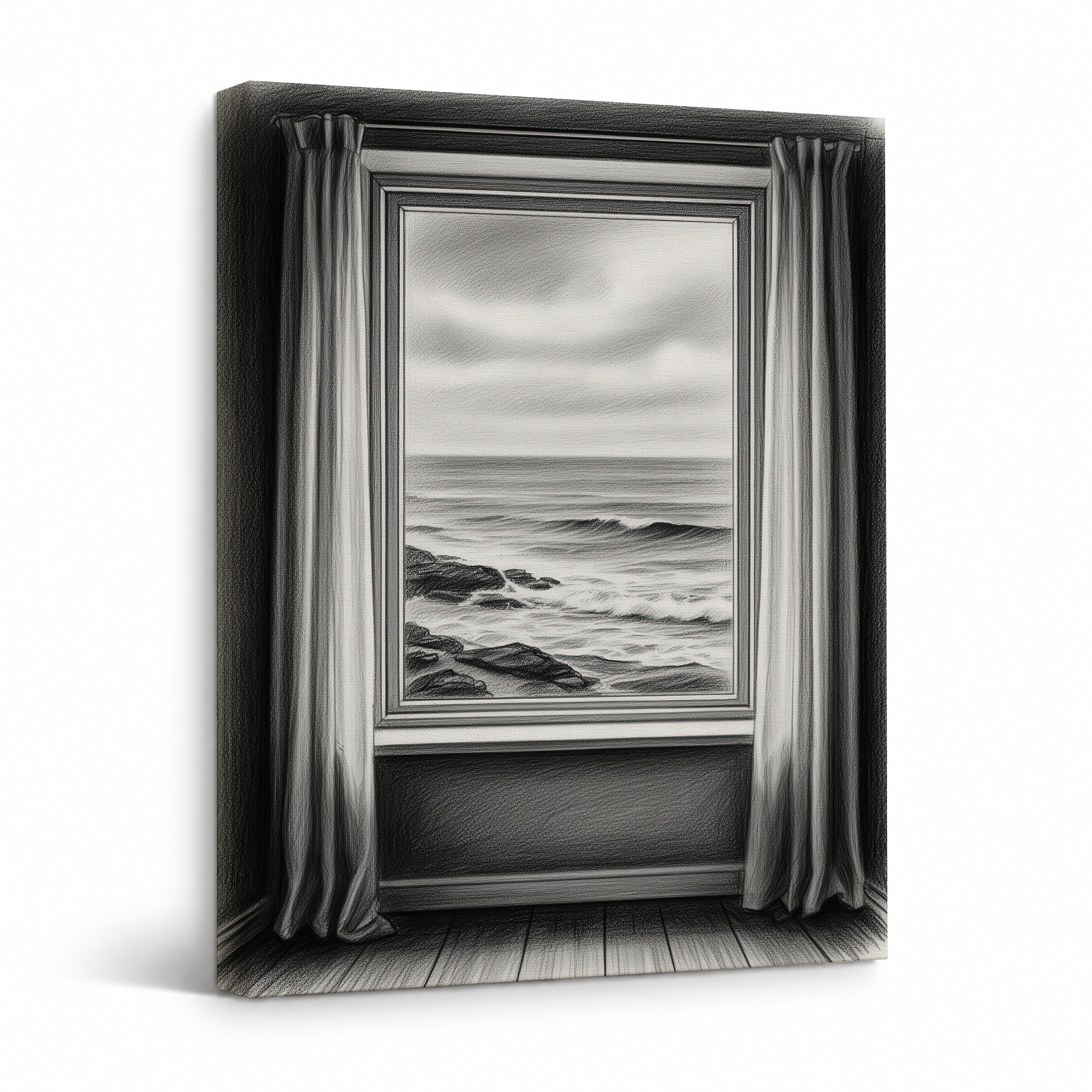 Coastal Window Seascape Framed Canvas Wall Art - Monochrome Serenity