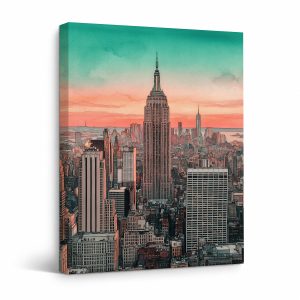 New York City Sunset Watercolor Cityscape Framed Canvas Wall Art