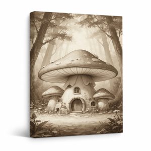 Mushroom Forest Cottage Framed Canvas Wall Art - Vintage Sepia Print