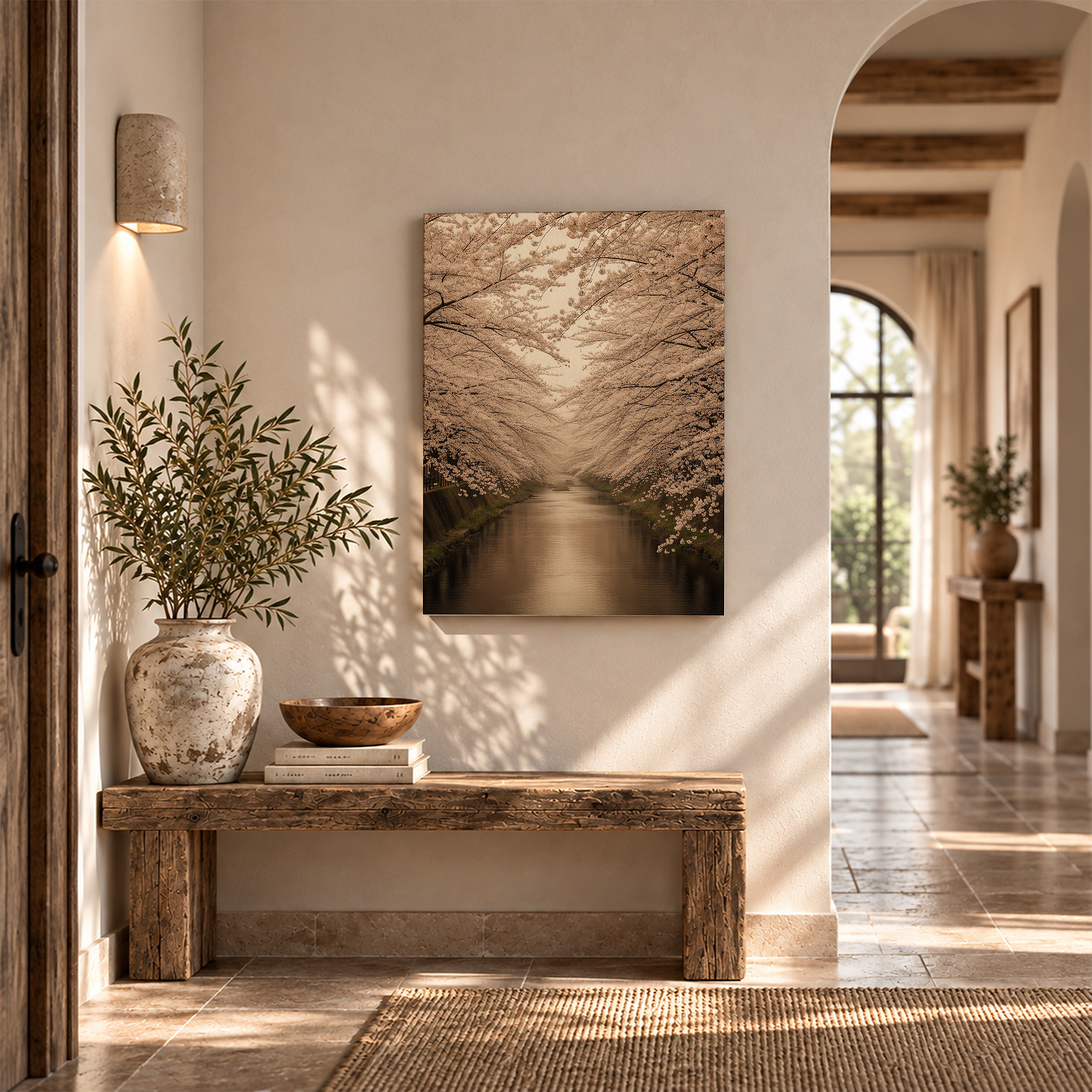 Cherry Blossom Canal Framed Canvas Wall Art | Serene Japanese Garden Decor - Image 6