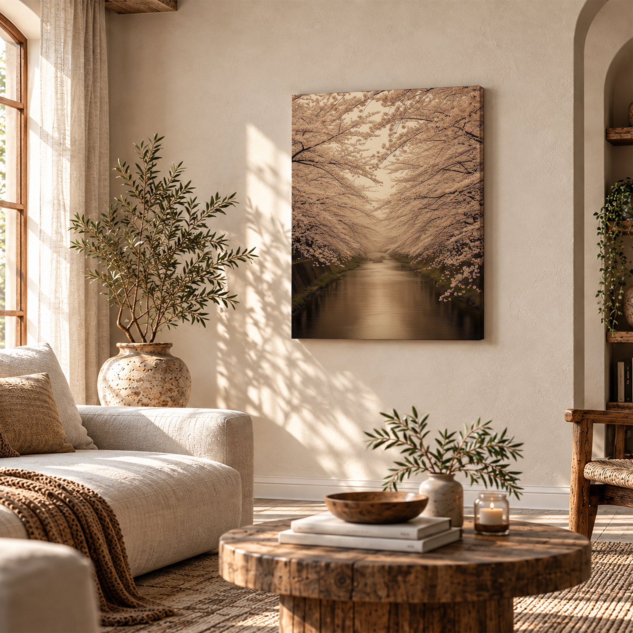 Cherry Blossom Canal Framed Canvas Wall Art | Serene Japanese Garden Decor - Image 4
