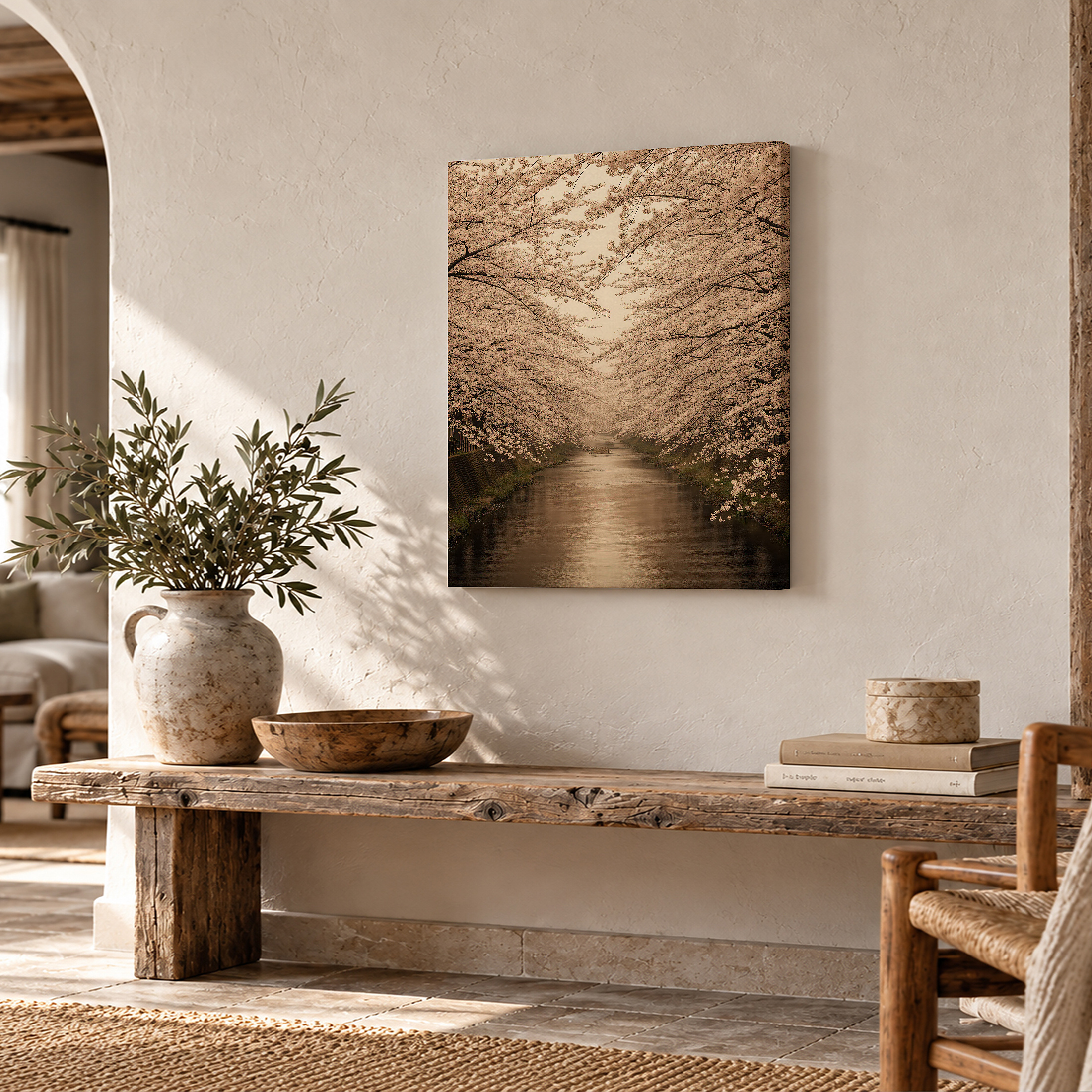 Cherry Blossom Canal Framed Canvas Wall Art | Serene Japanese Garden Decor - Image 2