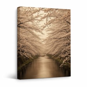 Cherry Blossom Canal Framed Canvas Wall Art | Serene Japanese Garden Decor