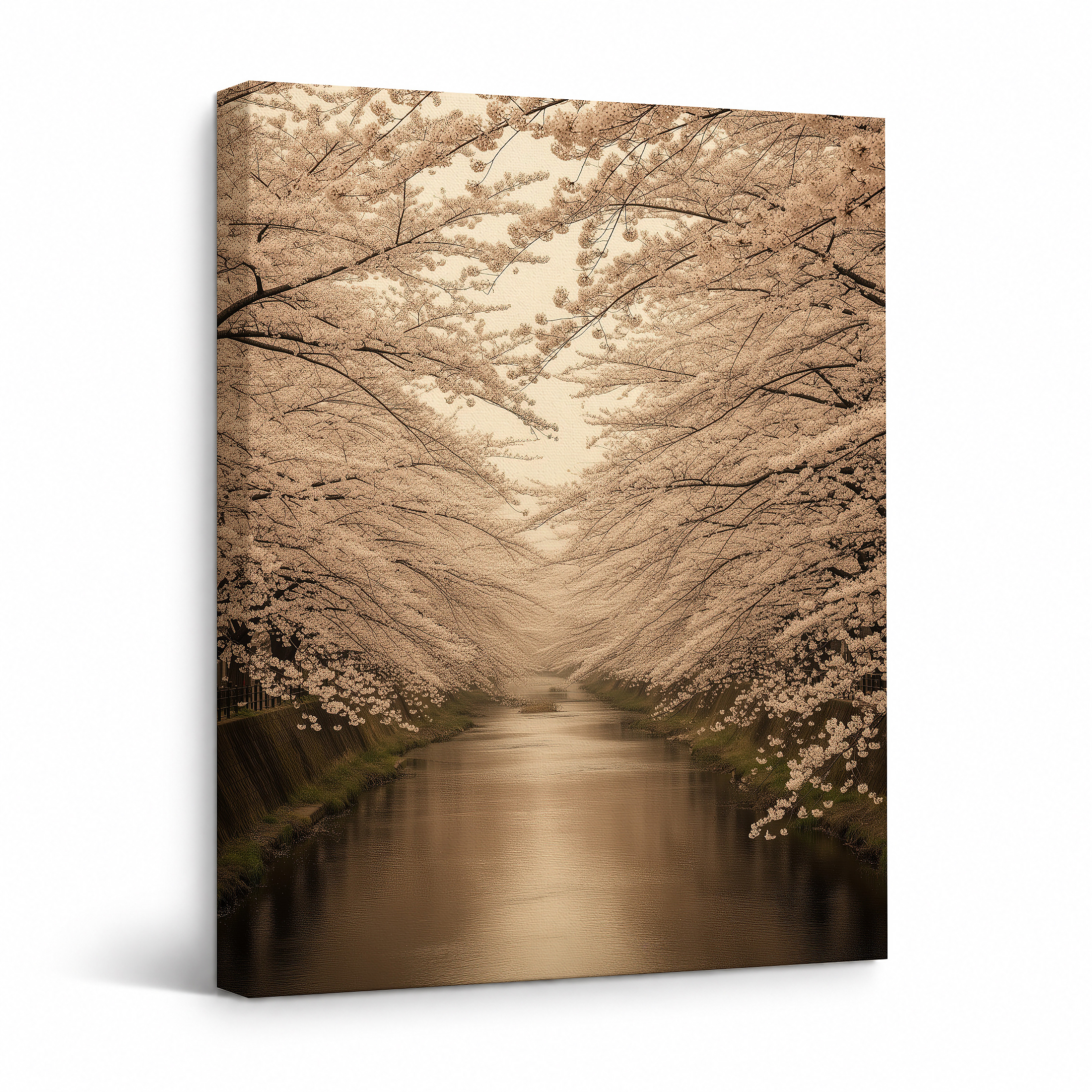 Cherry Blossom Canal Framed Canvas Wall Art | Serene Japanese Garden Decor