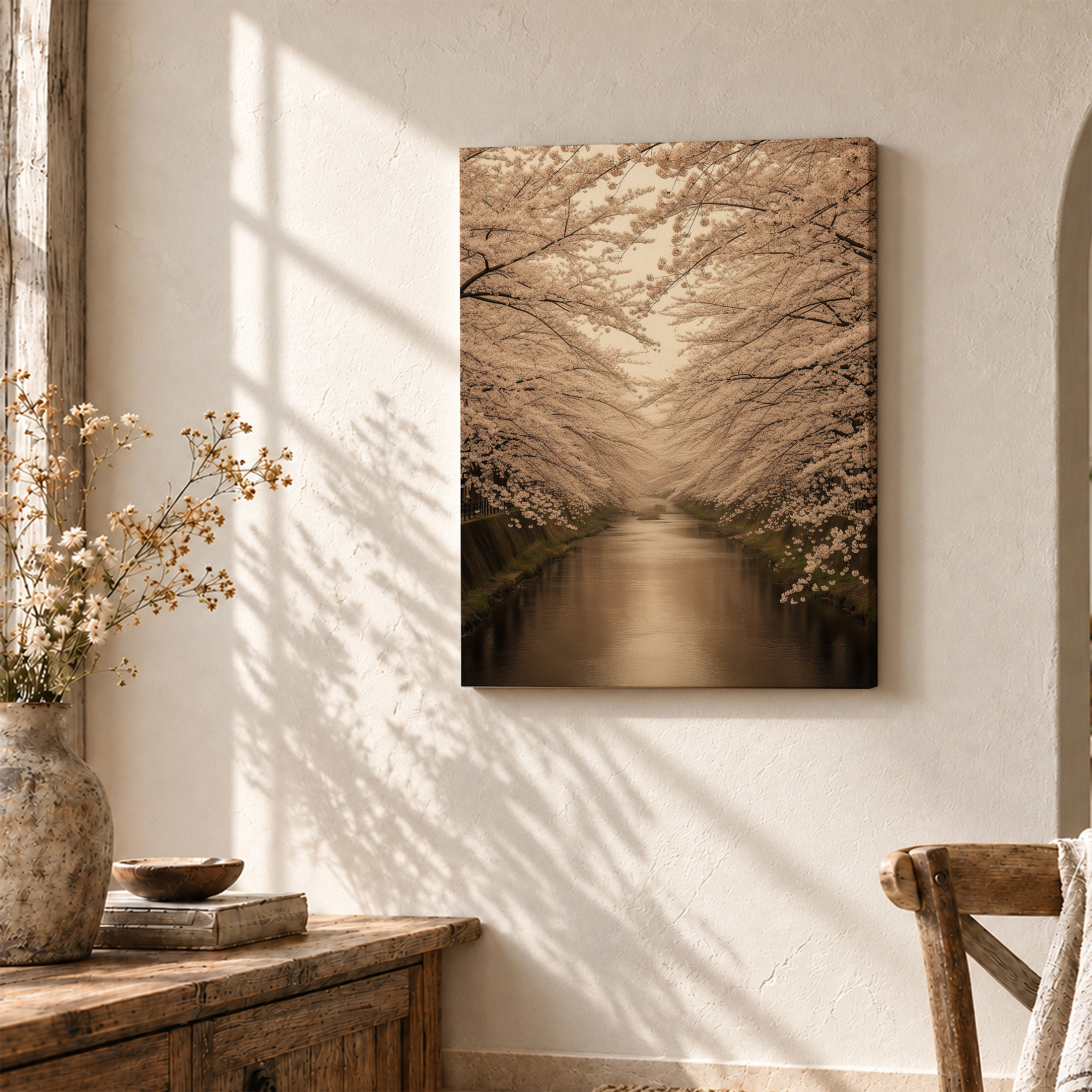 Cherry Blossom Canal Framed Canvas Wall Art | Serene Japanese Garden Decor - Image 3