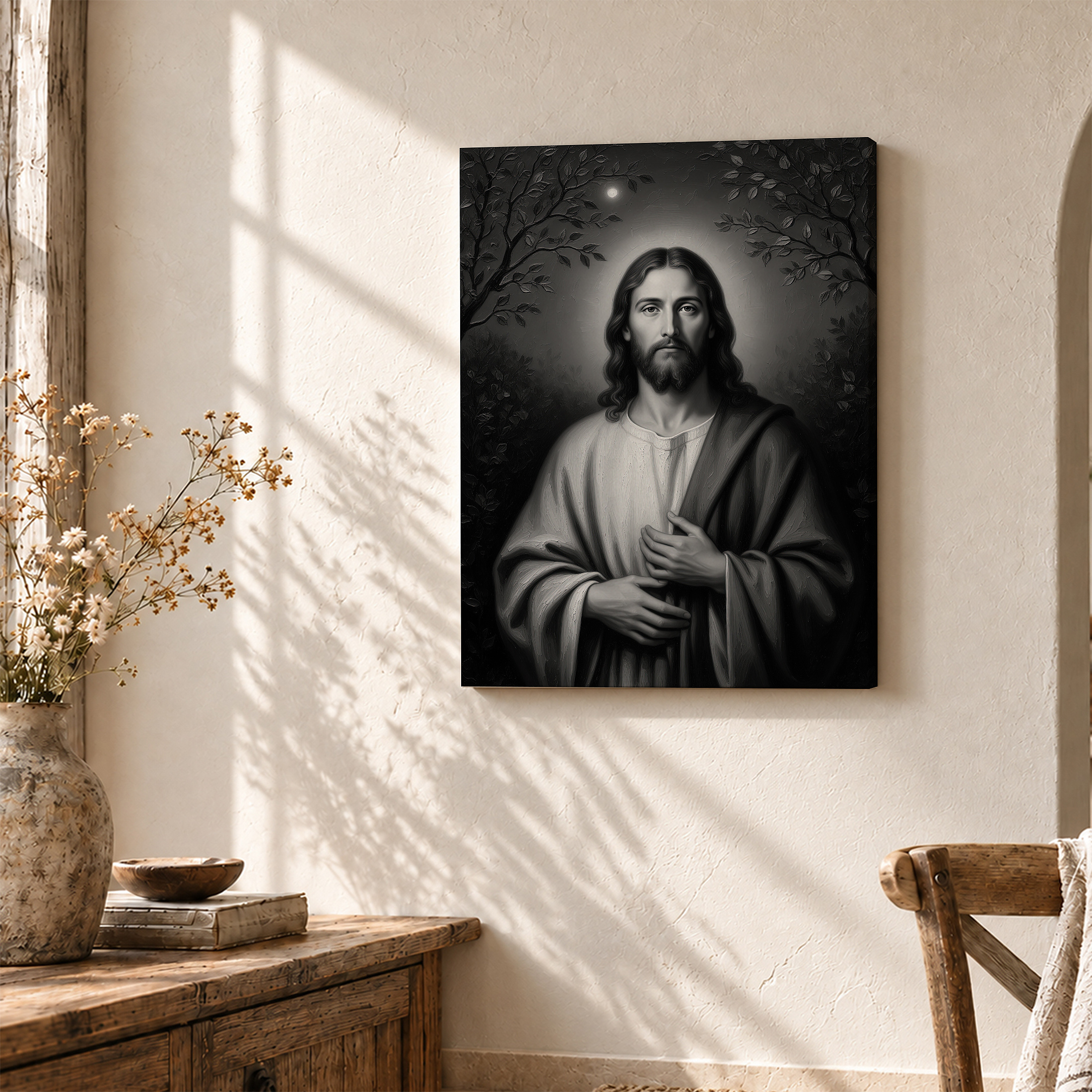 Serene Black-and-White Jesus Portrait Framed Canvas Wall Art - Image 3