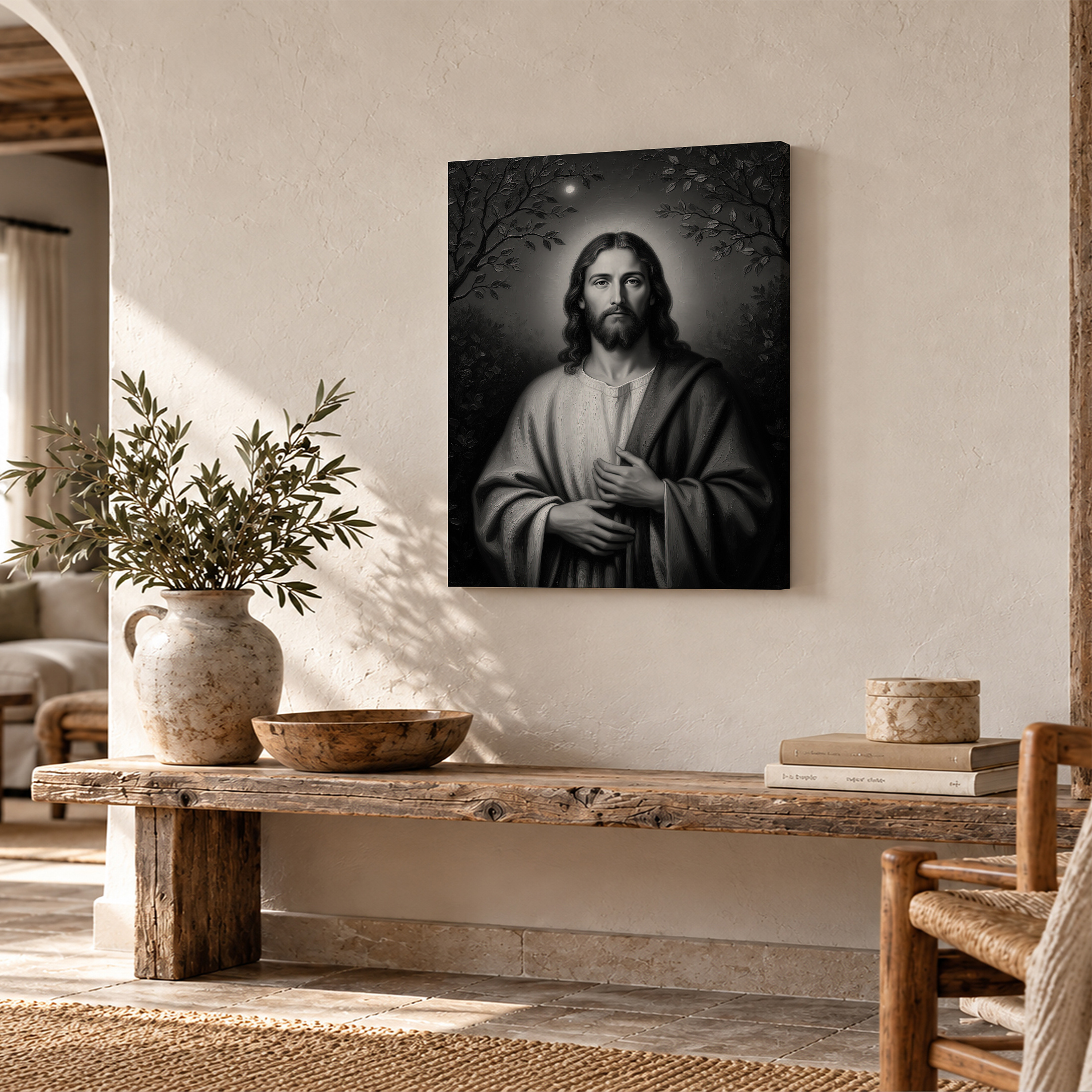 Serene Black-and-White Jesus Portrait Framed Canvas Wall Art - Image 2