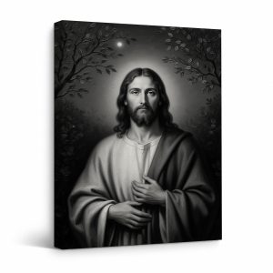 Serene Black-and-White Jesus Portrait Framed Canvas Wall Art