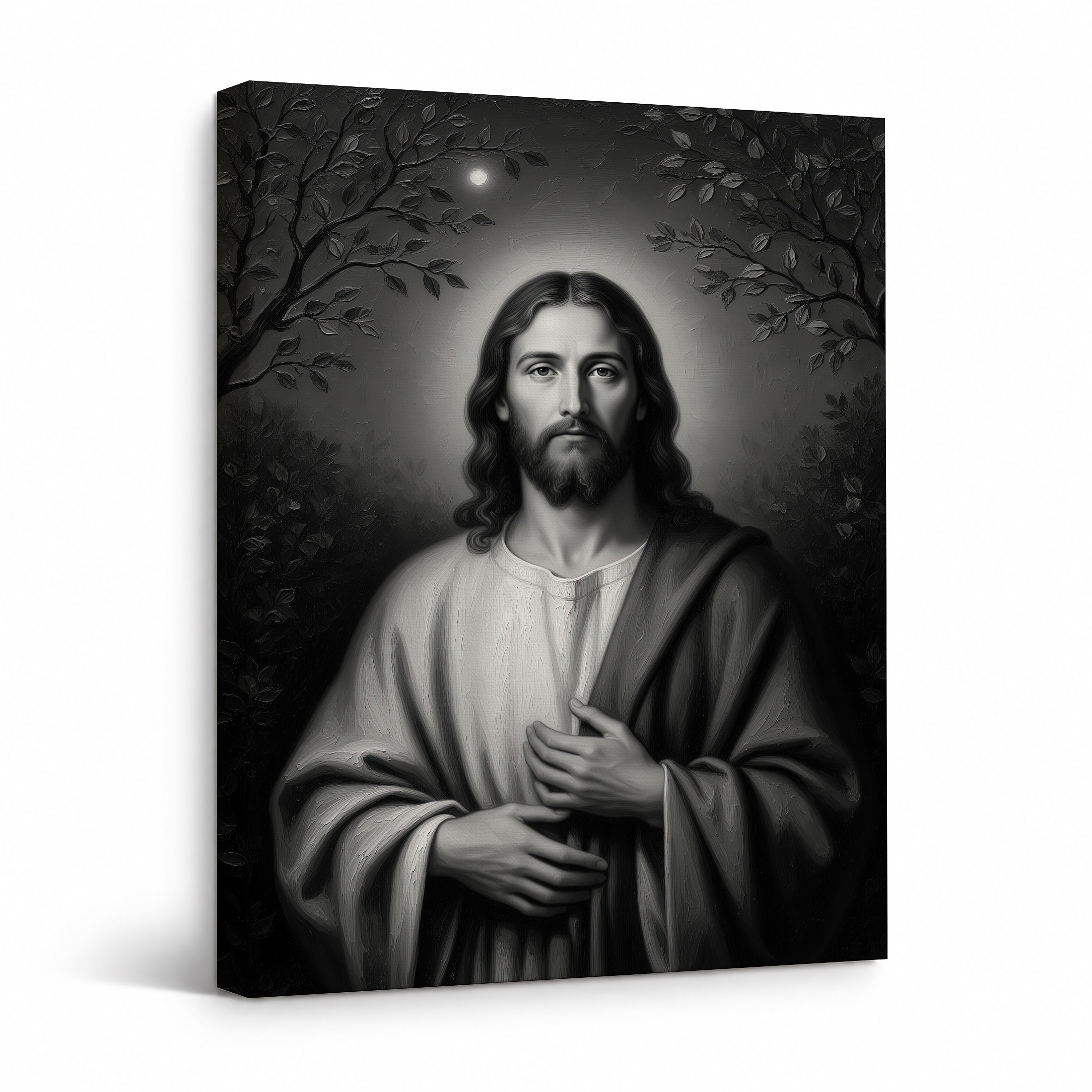 Serene Black-and-White Jesus Portrait Framed Canvas Wall Art