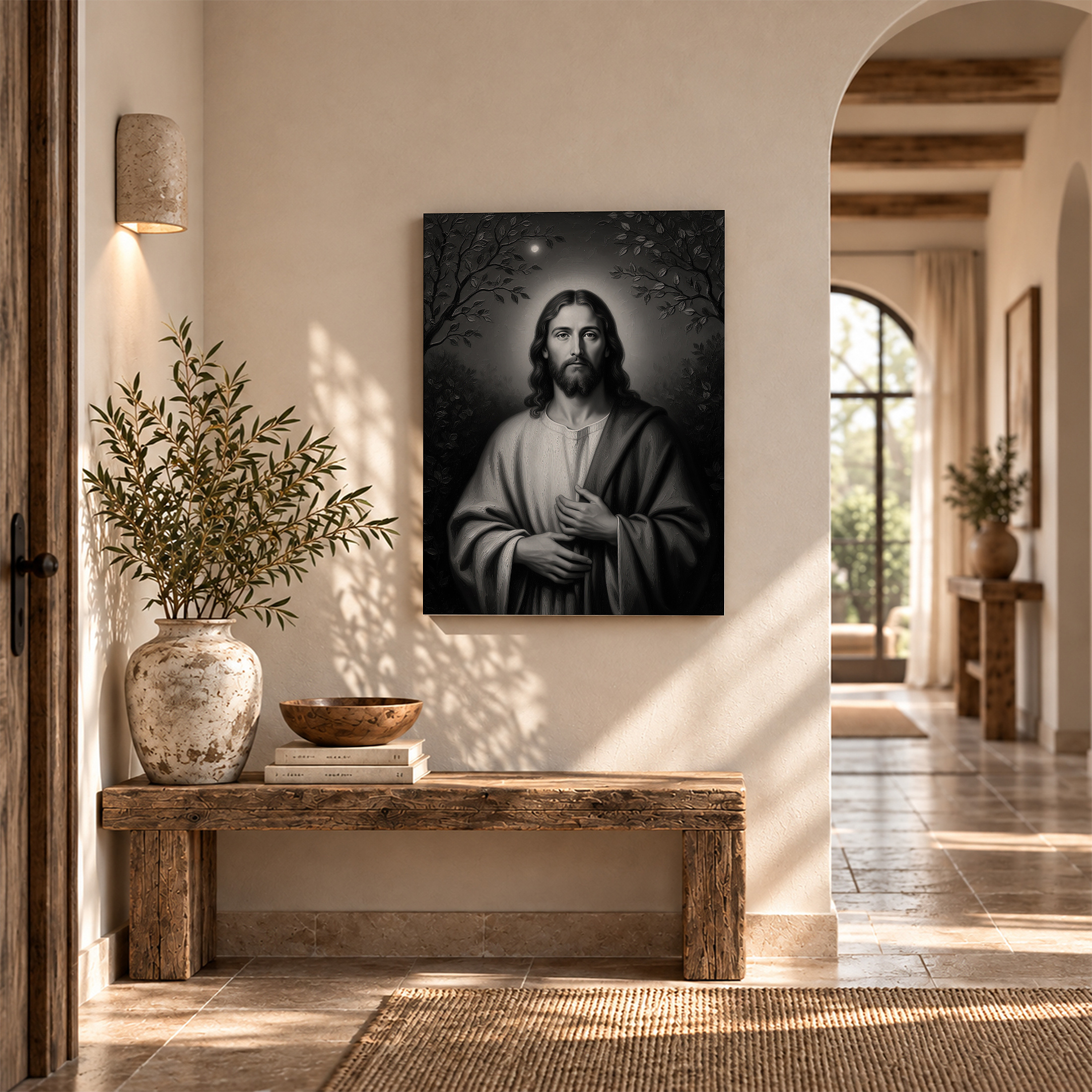 Serene Black-and-White Jesus Portrait Framed Canvas Wall Art - Image 6