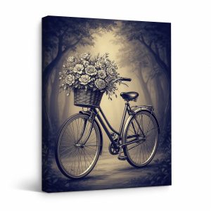 Vintage Bicycle & Roses Forest Framed Canvas Wall Art - Ready to Hang