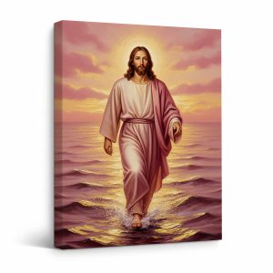 Jesus Walking on Water Sunset Framed Canvas Wall Art Ready to Hang