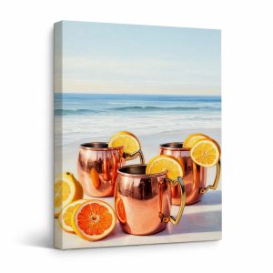 Beach Copper Mug Citrus Scene Framed Canvas Wall Art Ready to Hang