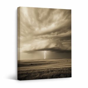 Stormy Lightning Landscape Framed Canvas Wall Art - Vintage Sepia Mood