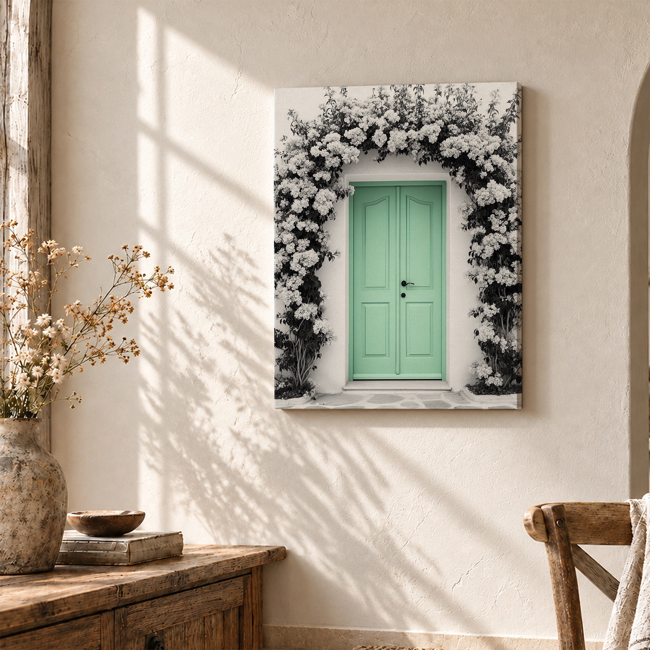 Mint Green Door Floral Archway Framed Canvas Wall Art - Image 3