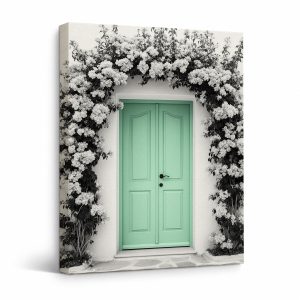 Mint Green Door Floral Archway Framed Canvas Wall Art