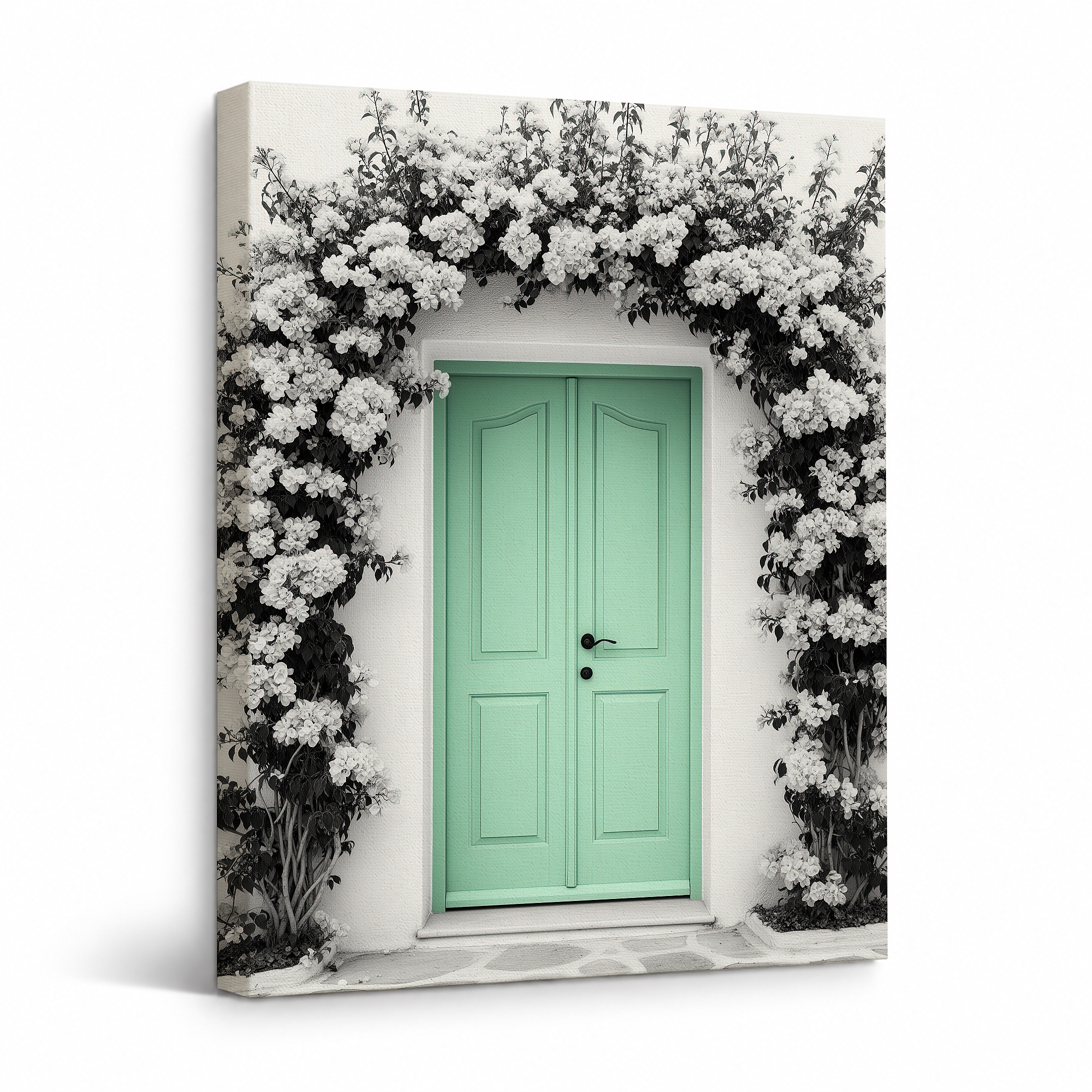 Mint Green Door Floral Archway Framed Canvas Wall Art
