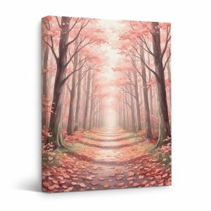 Pink Autumn Forest Path Framed Canvas Wall Art - Ready to Hang
