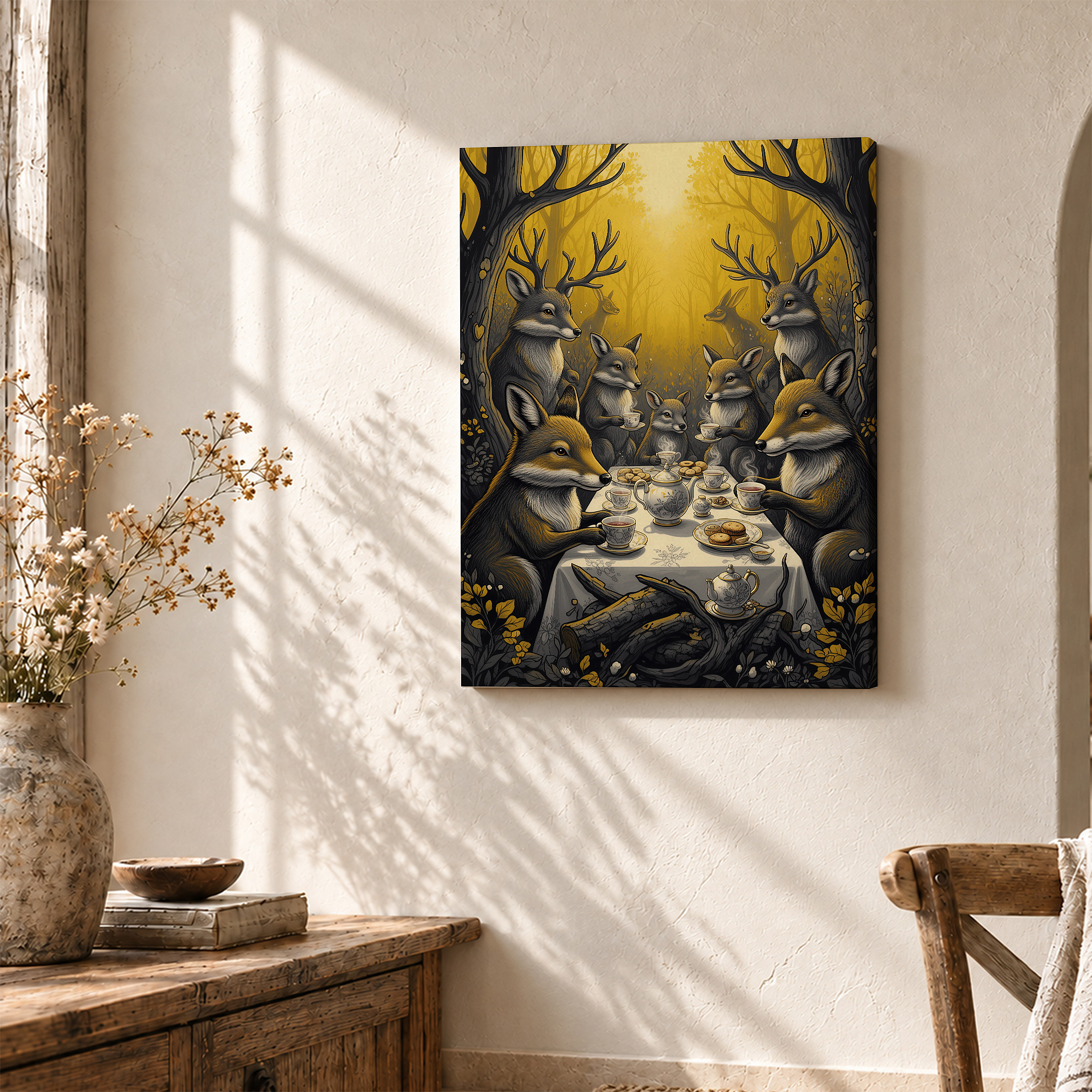 Whimsical Forest Tea Party Animals Framed Canvas Wall Art - Ready to Hang - Image 3