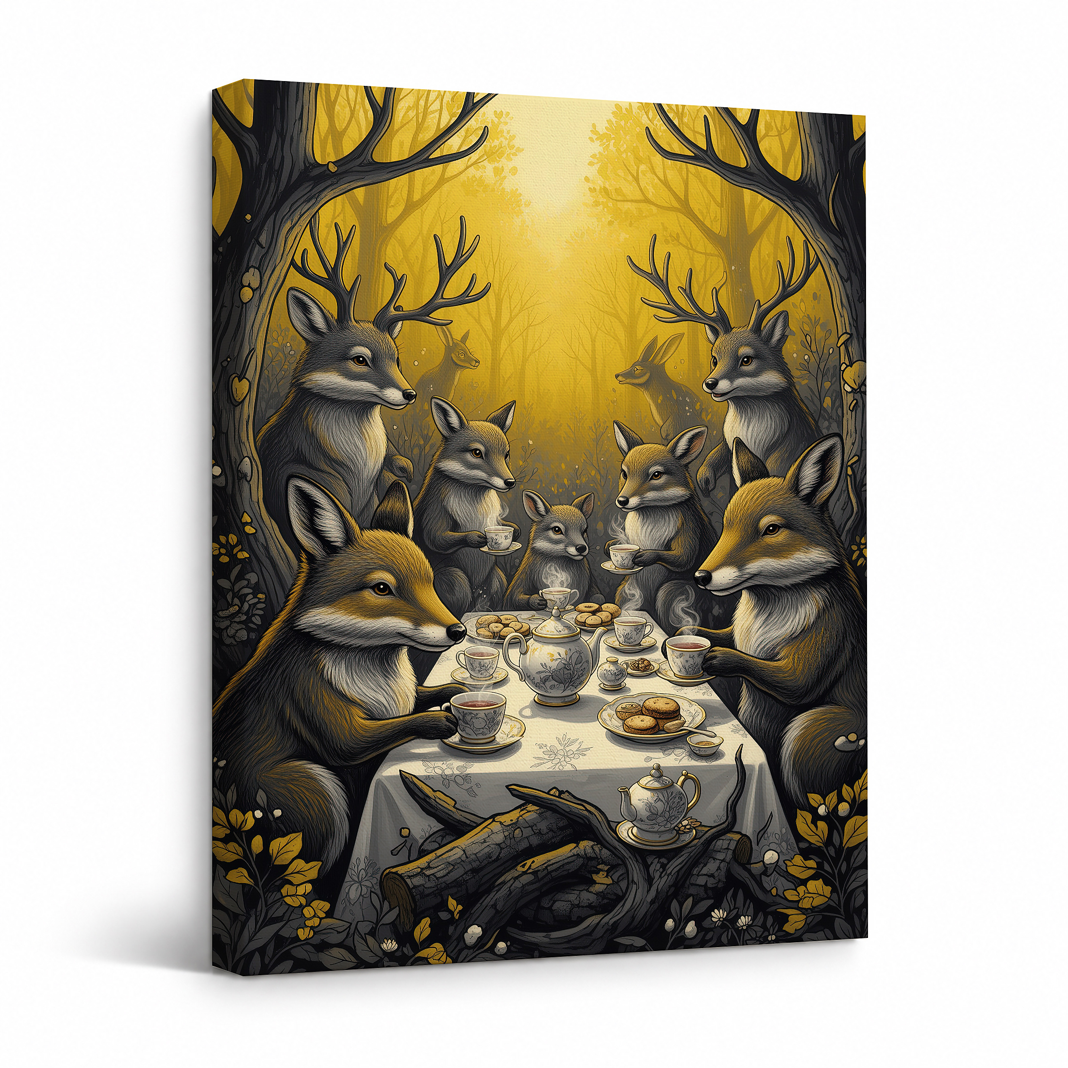 Whimsical Forest Tea Party Animals Framed Canvas Wall Art - Ready to Hang