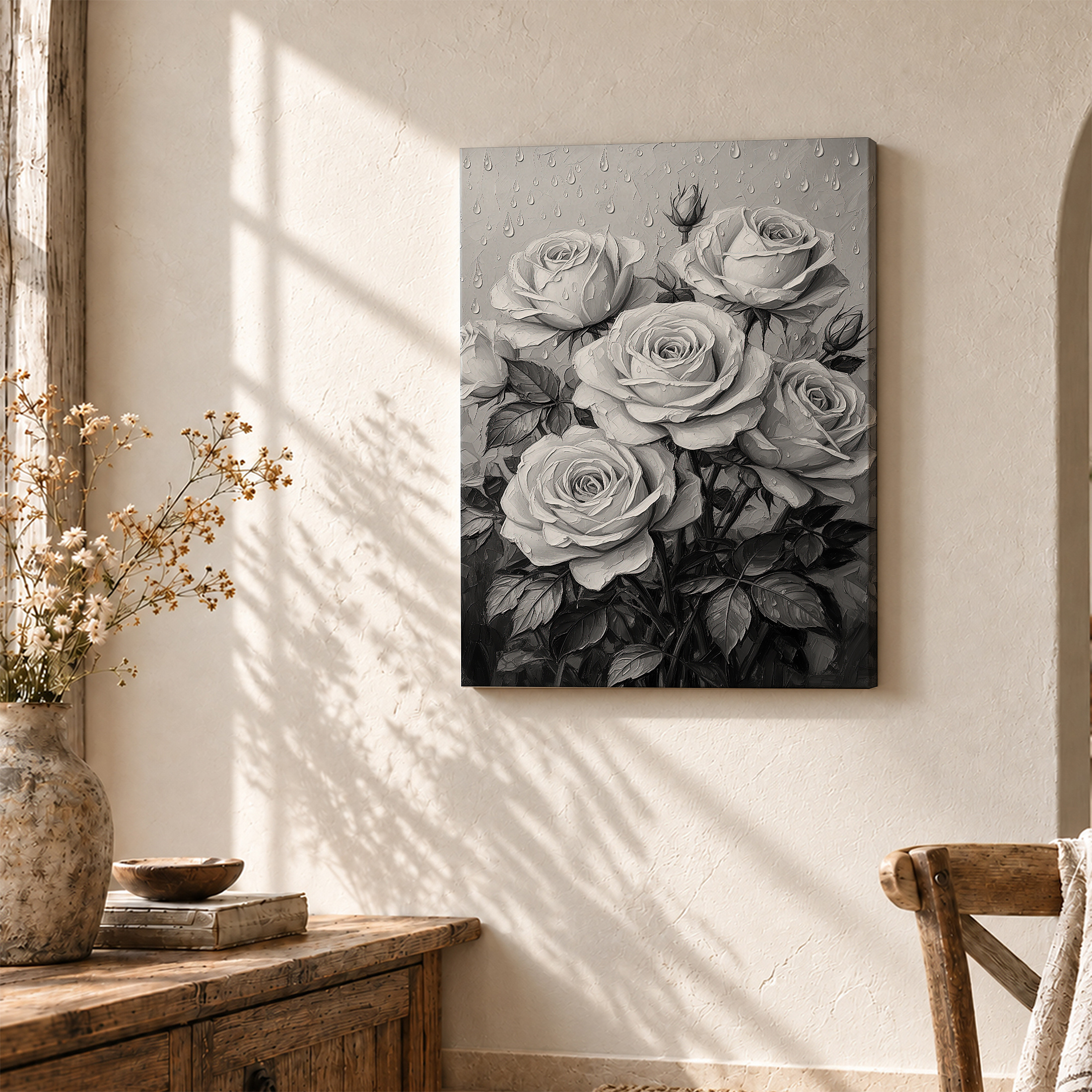 Monochrome Roses with Raindrops Framed Canvas Wall Art - Ready to Hang - Image 3