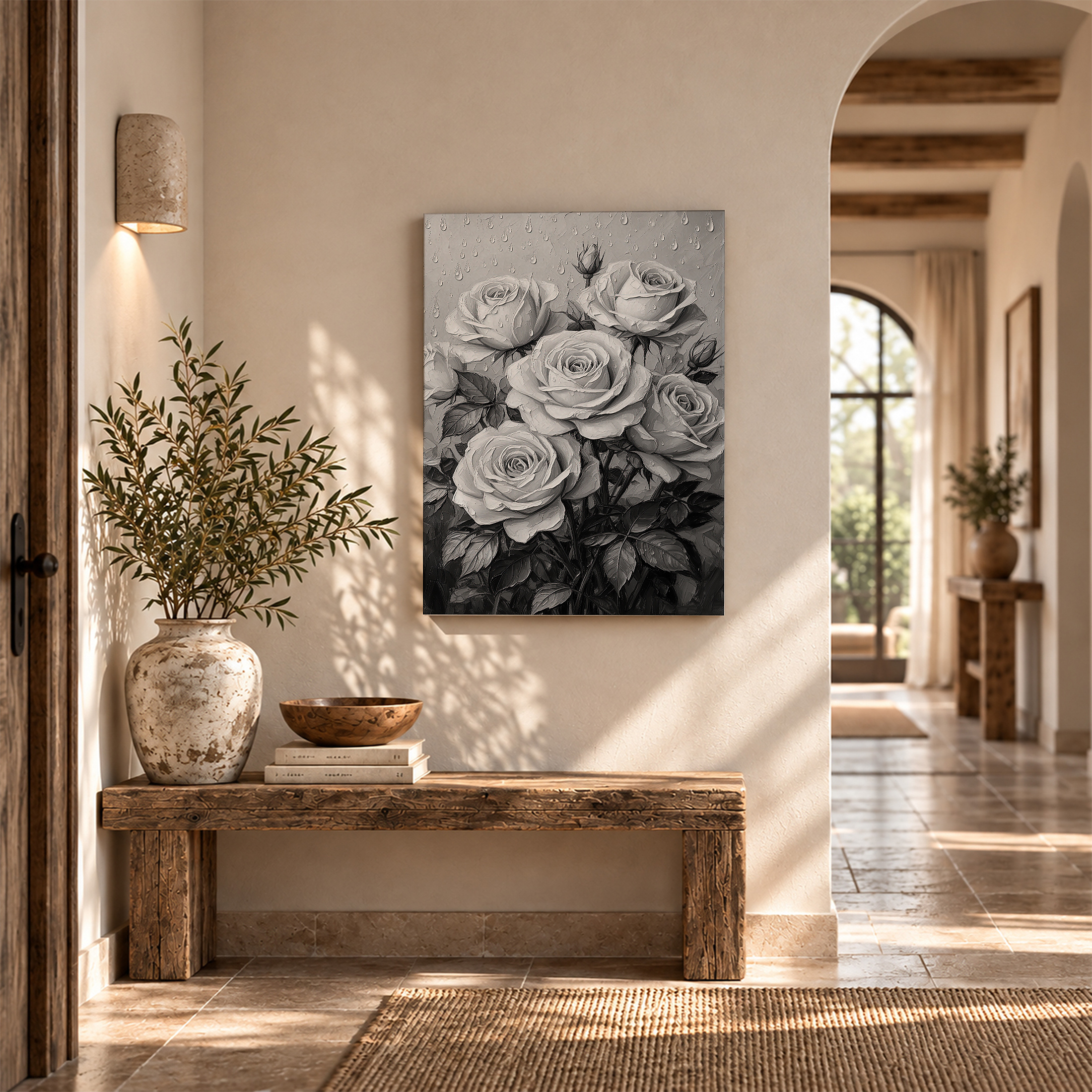Monochrome Roses with Raindrops Framed Canvas Wall Art - Ready to Hang - Image 6