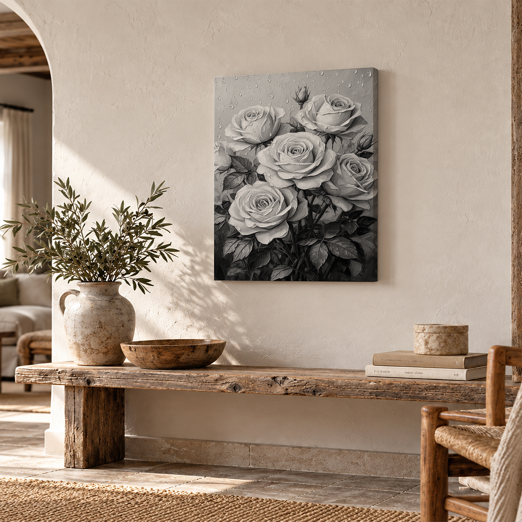 Monochrome Roses with Raindrops Framed Canvas Wall Art - Ready to Hang - Image 2