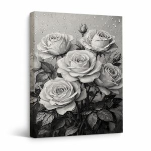 Monochrome Roses with Raindrops Framed Canvas Wall Art - Ready to Hang