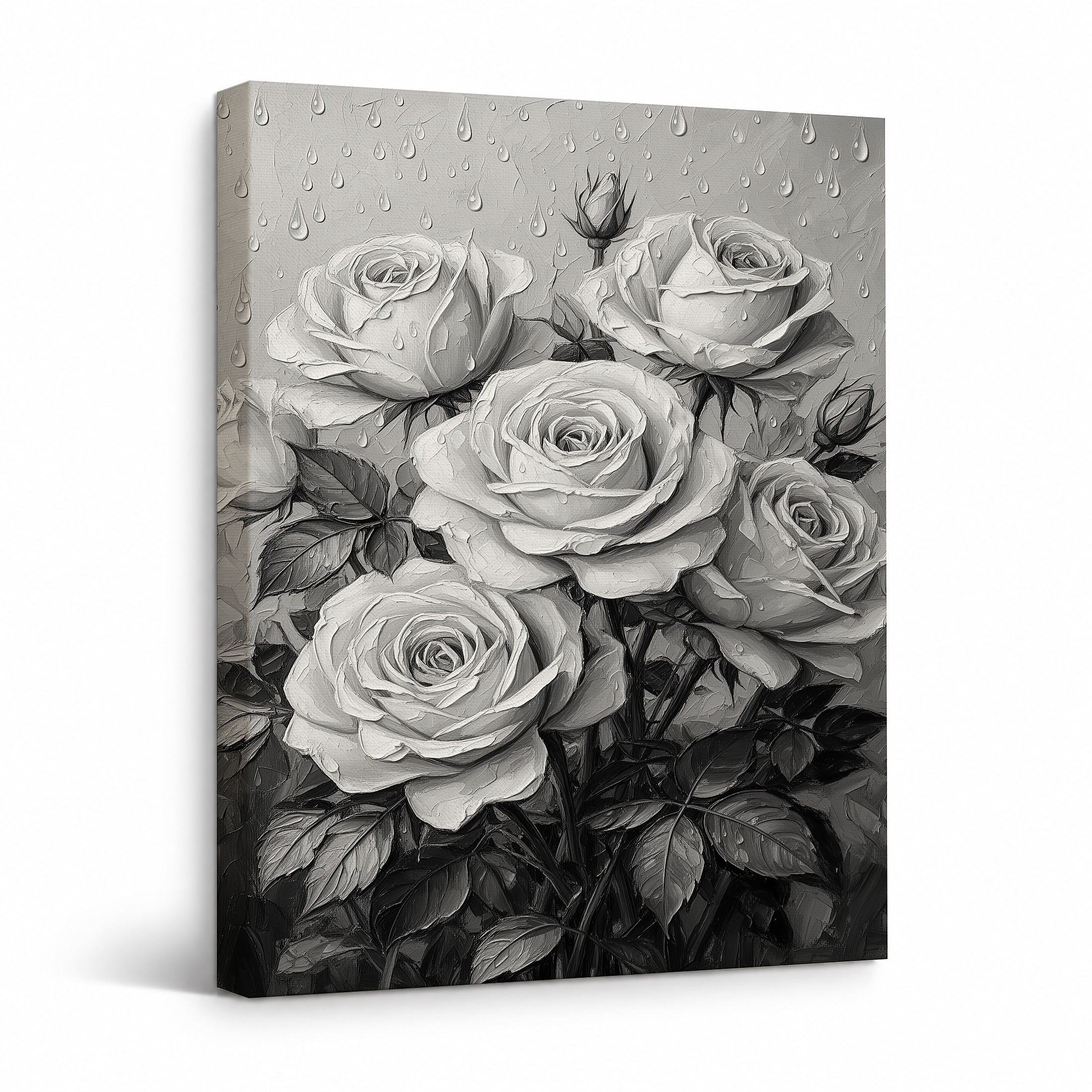 Monochrome Roses with Raindrops Framed Canvas Wall Art - Ready to Hang