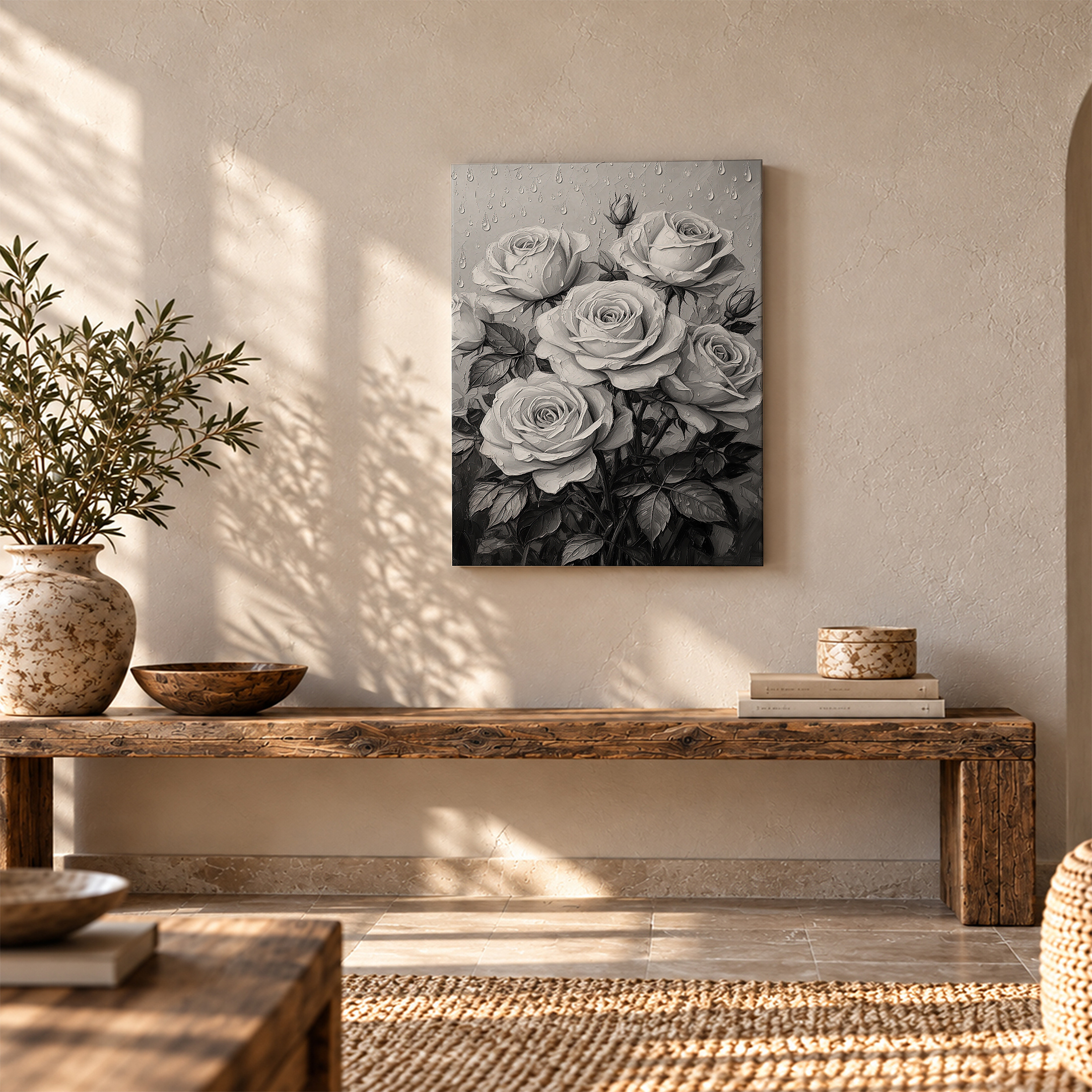 Monochrome Roses with Raindrops Framed Canvas Wall Art - Ready to Hang - Image 5