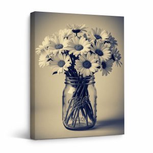 Vintage Daisies in Mason Jar Framed Canvas Wall Art - Ready to Hang