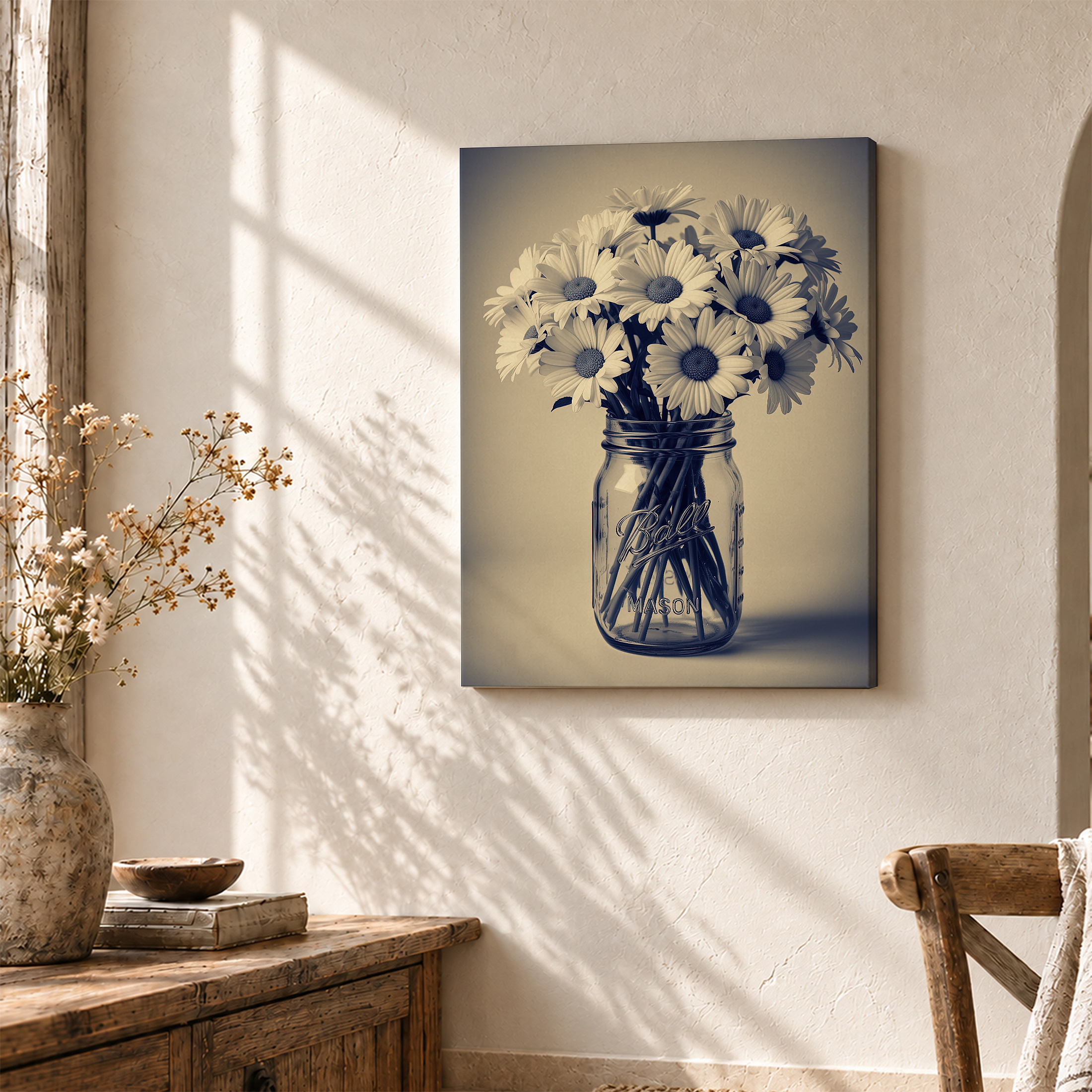 Vintage Daisies in Mason Jar Framed Canvas Wall Art - Ready to Hang - Image 3