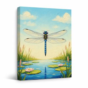 Dragonfly Over Lily Pads Framed Canvas Wall Art - Ready to Hang