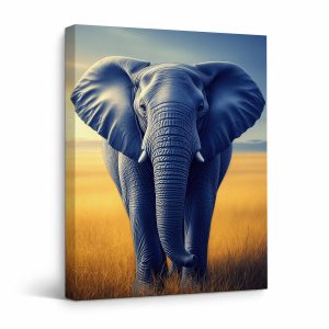 Blue Elephant in Golden Field Framed Canvas Wall Art - Ready to Hang
