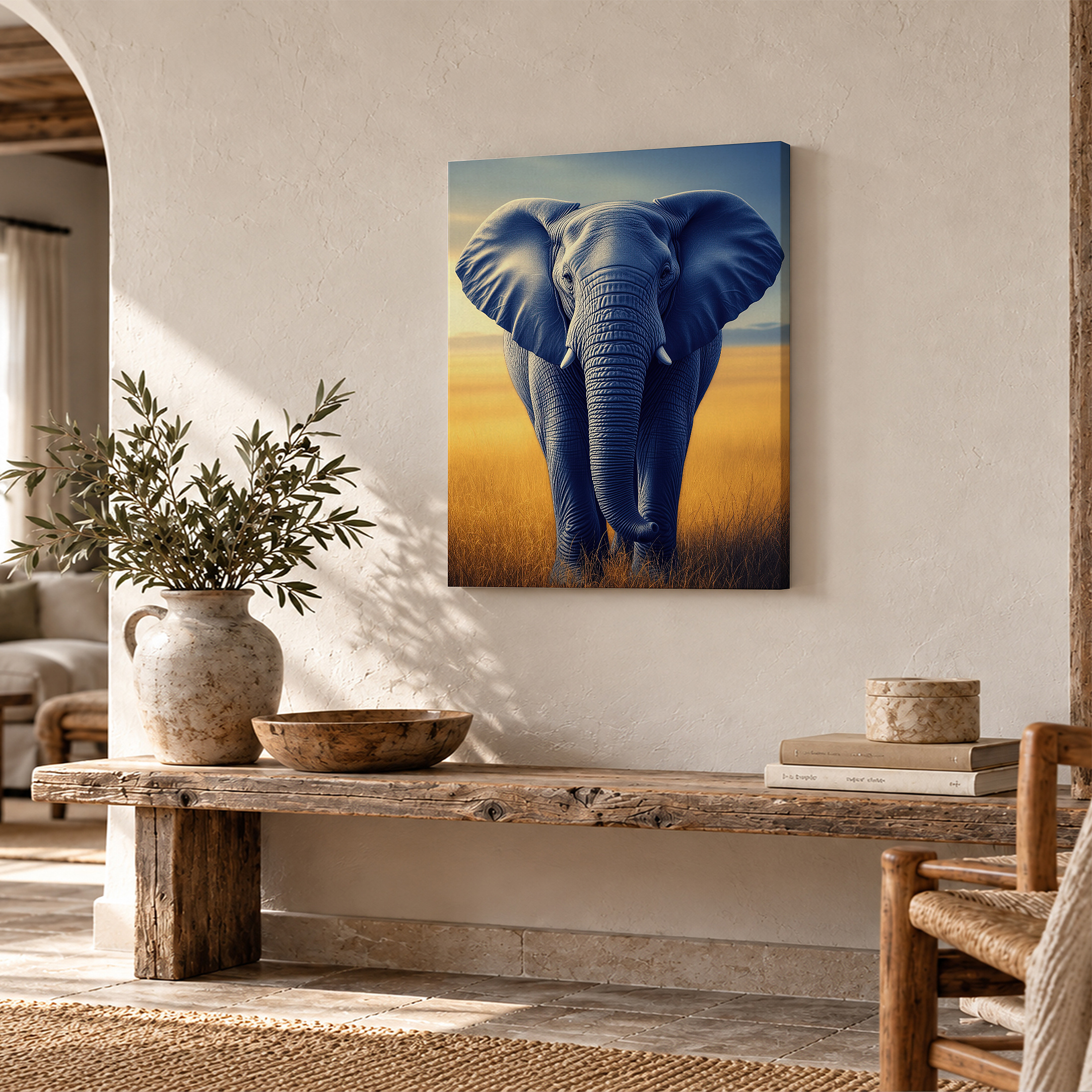 Blue Elephant in Golden Field Framed Canvas Wall Art - Ready to Hang - Image 2