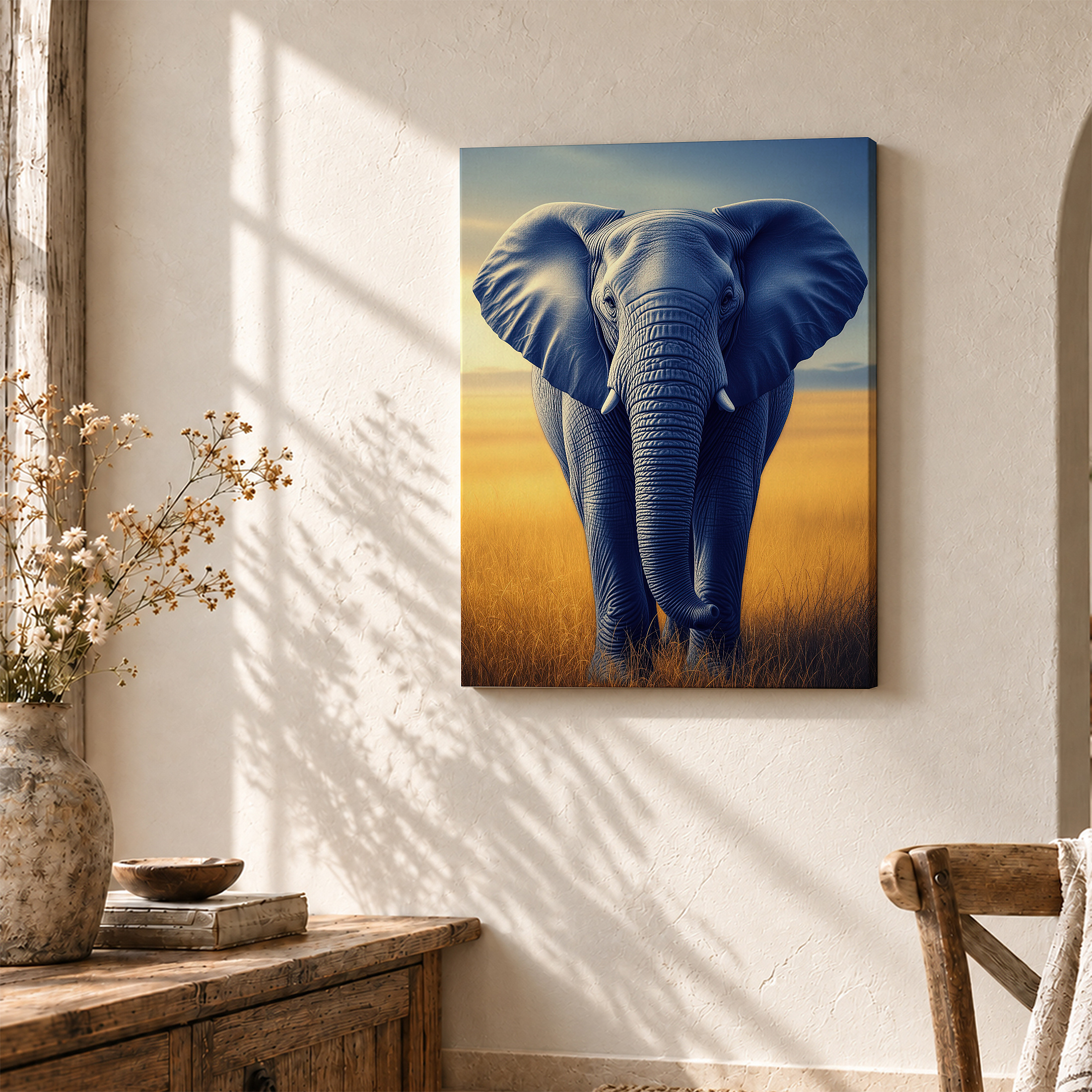 Blue Elephant in Golden Field Framed Canvas Wall Art - Ready to Hang - Image 3
