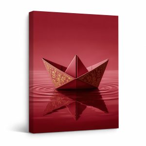 Red Origami Boat with Gold Accents Framed Canvas Wall Art