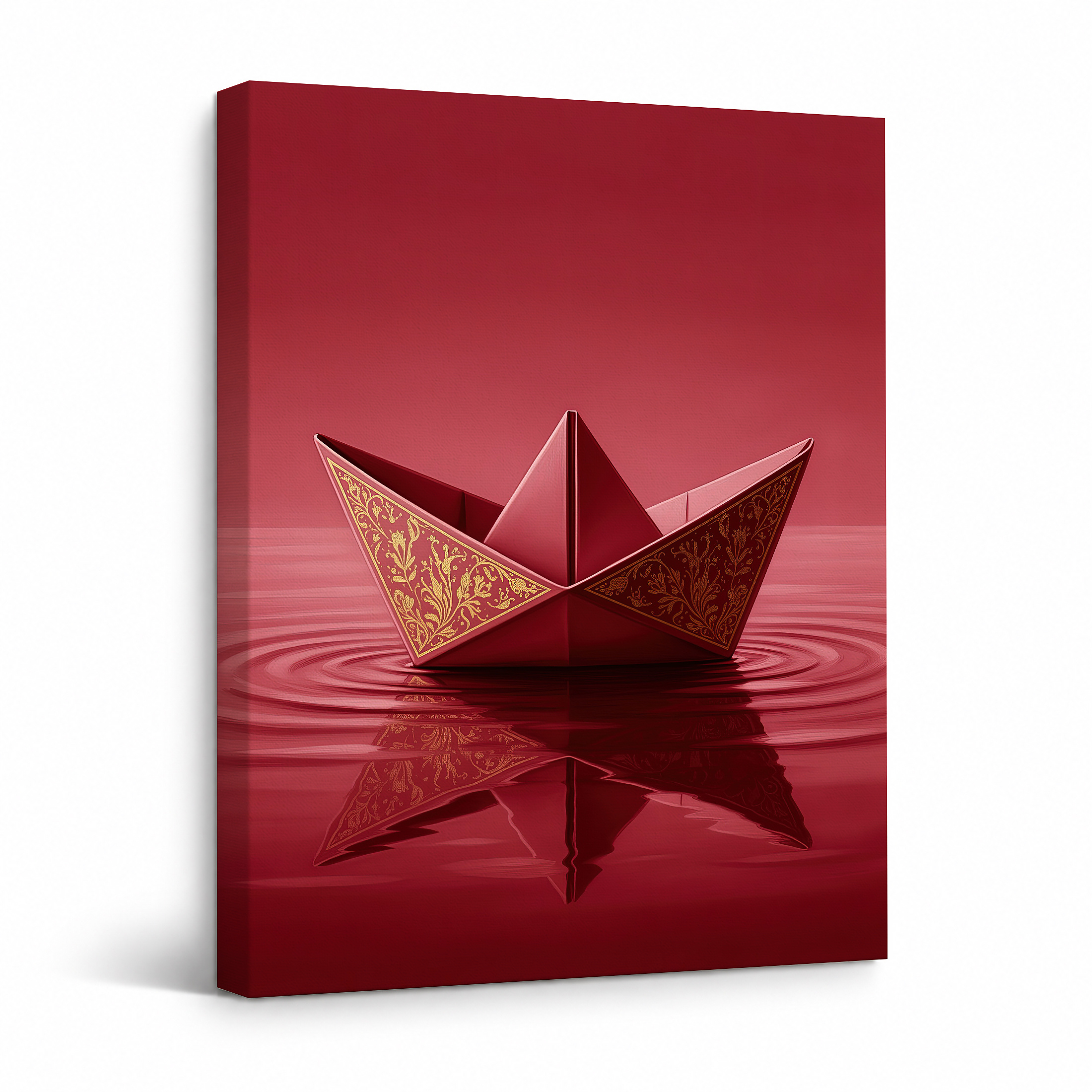 Red Origami Boat with Gold Accents Framed Canvas Wall Art