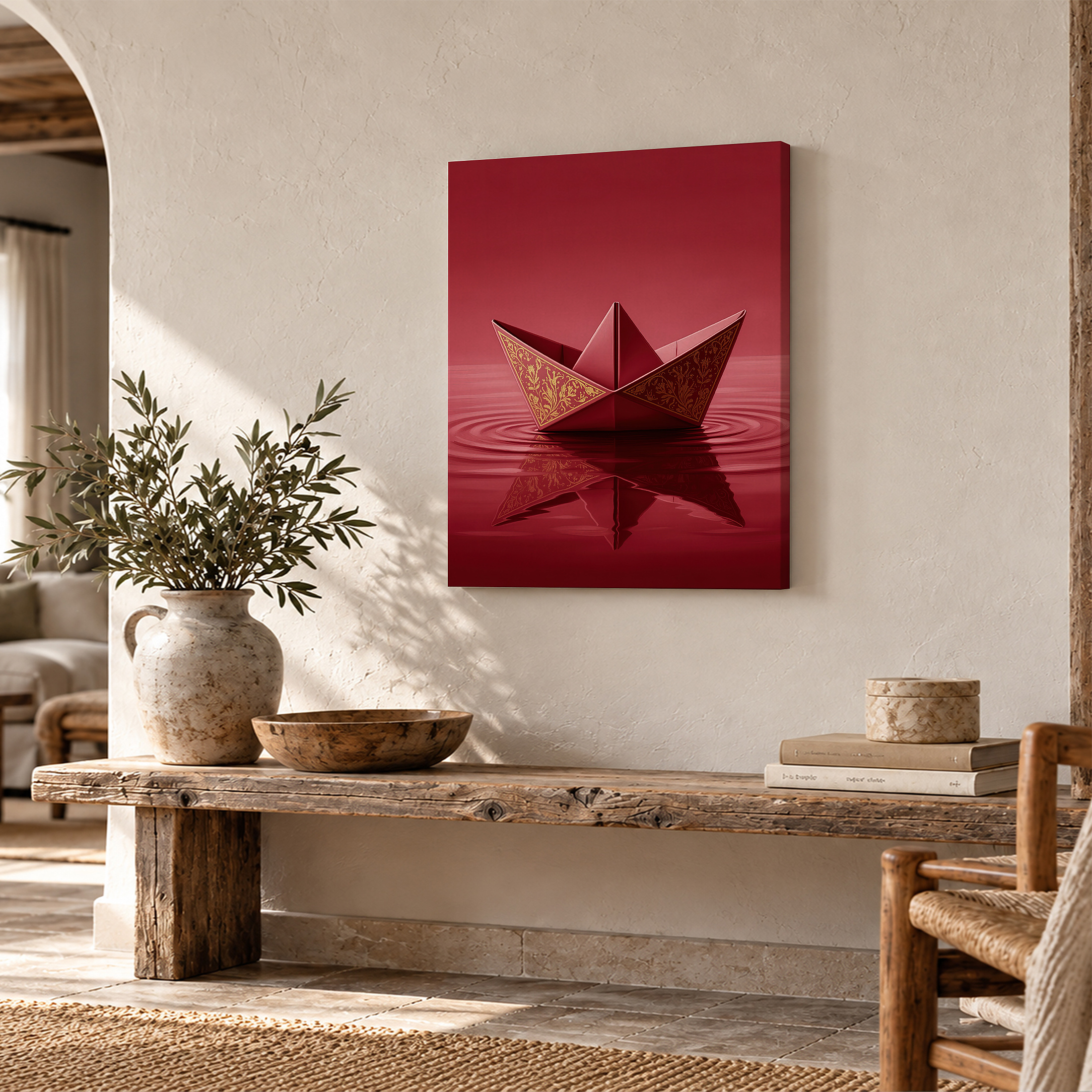 Red Origami Boat with Gold Accents Framed Canvas Wall Art - Image 2