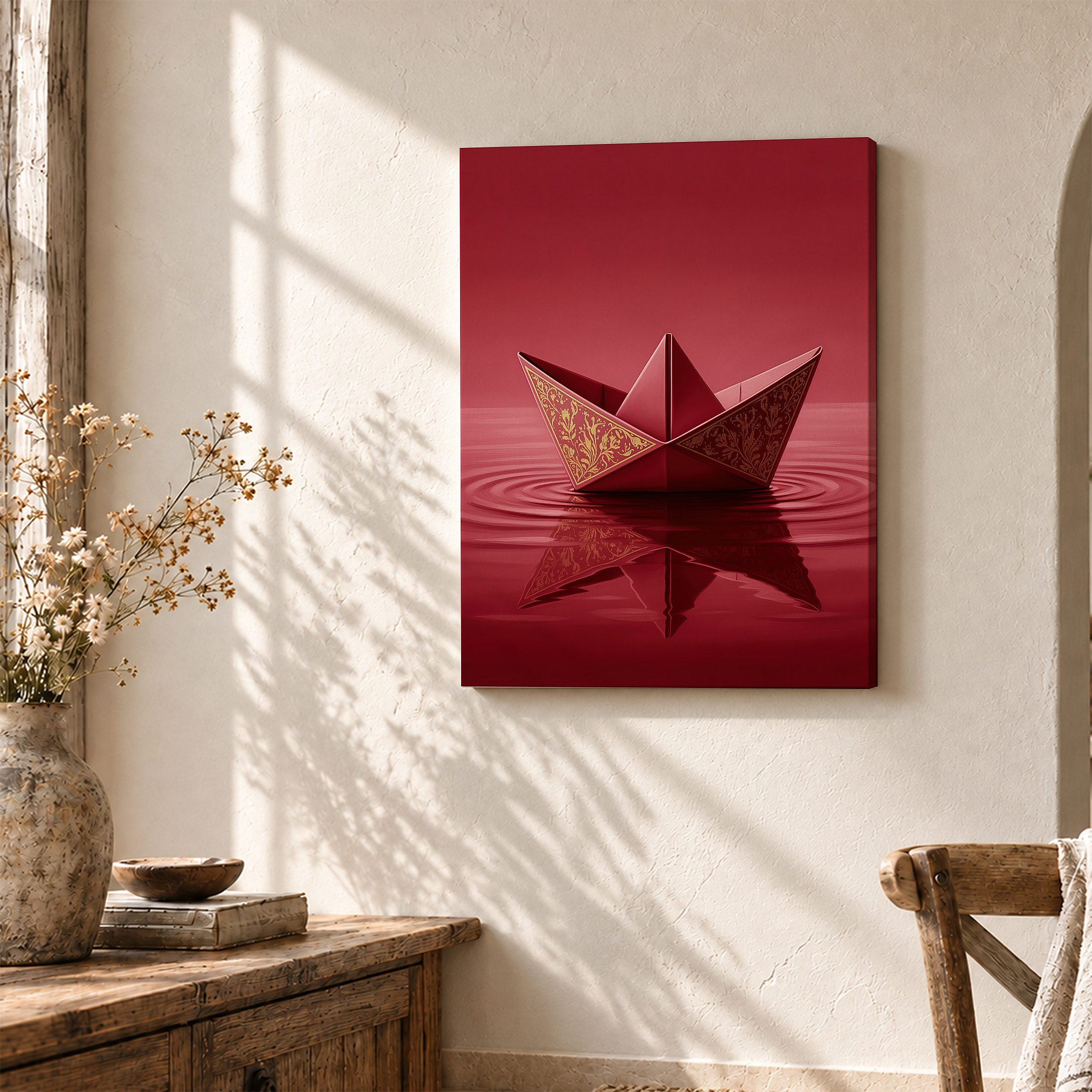 Red Origami Boat with Gold Accents Framed Canvas Wall Art - Image 3