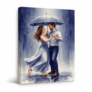 Romantic Rain Dance Under Umbrella Framed Canvas Wall Art - Ready to Hang