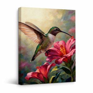 Hummingbird & Hibiscus Framed Canvas Wall Art - Ready to Hang