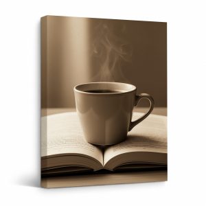 Steaming Coffee on Book Framed Canvas Wall Art - Vintage Home Decor