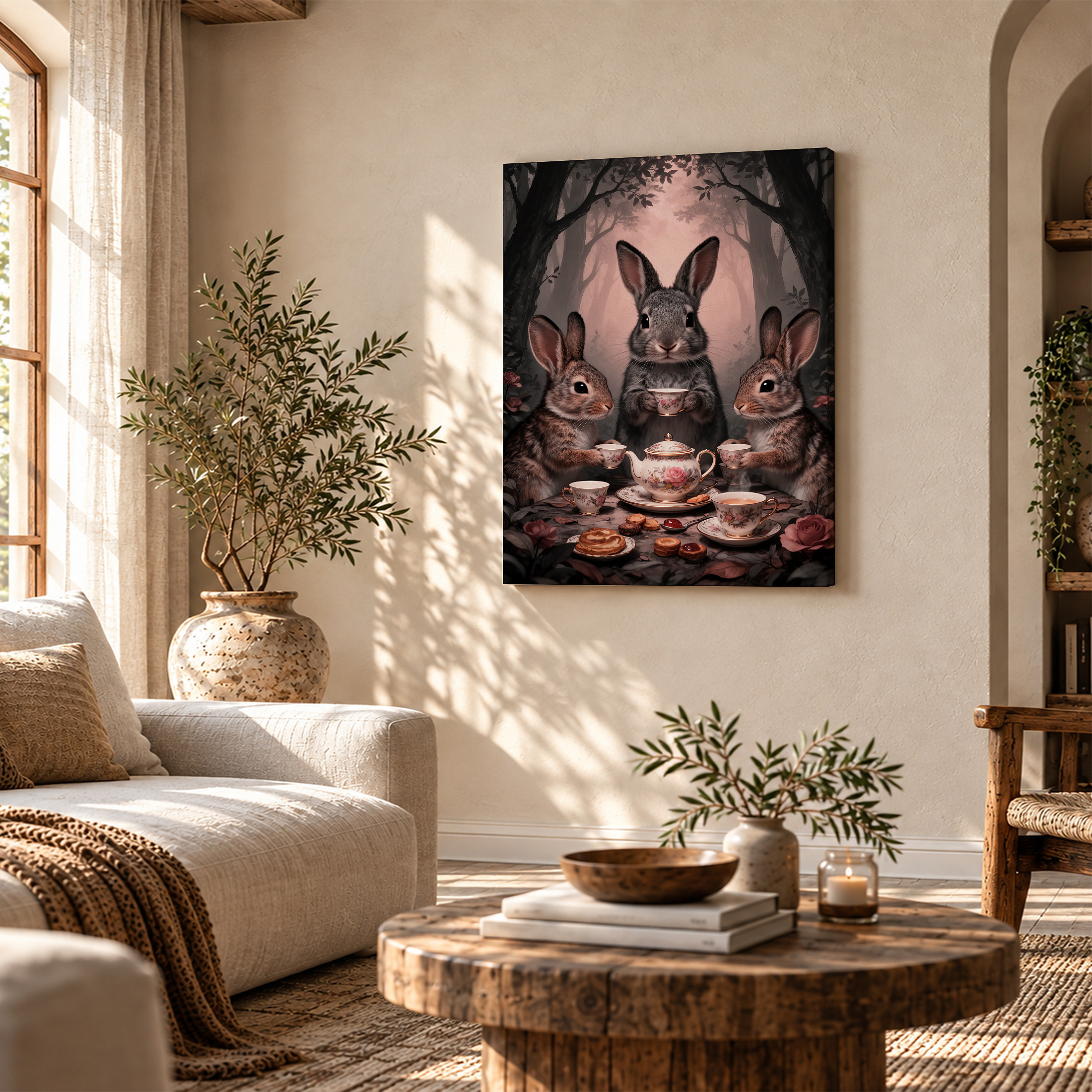 Whimsical Forest Tea Party Rabbits Framed Canvas Wall Art - Ready to Hang - Image 4
