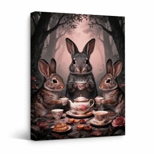 Whimsical Forest Tea Party Rabbits Framed Canvas Wall Art - Ready to Hang
