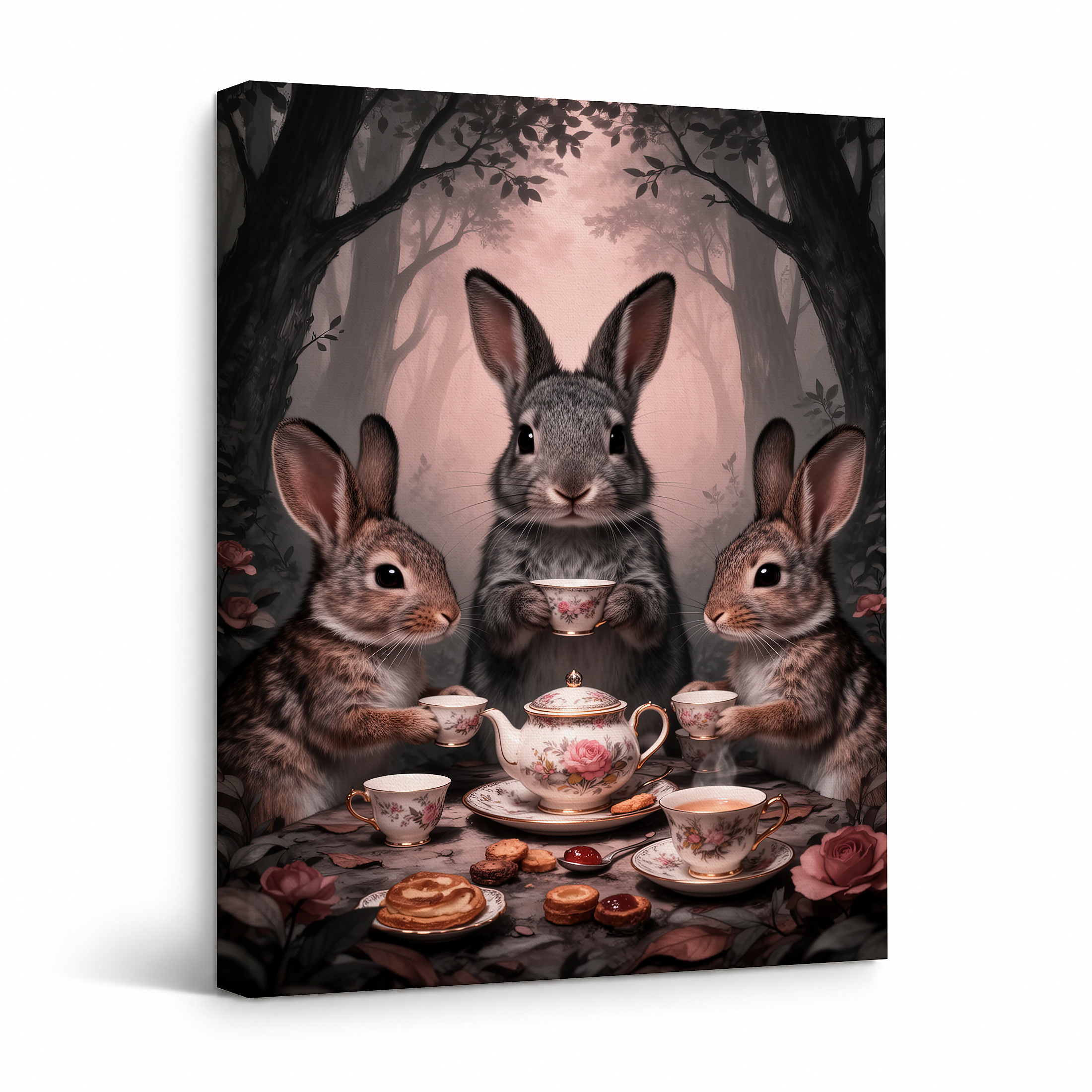 Whimsical Forest Tea Party Rabbits Framed Canvas Wall Art - Ready to Hang