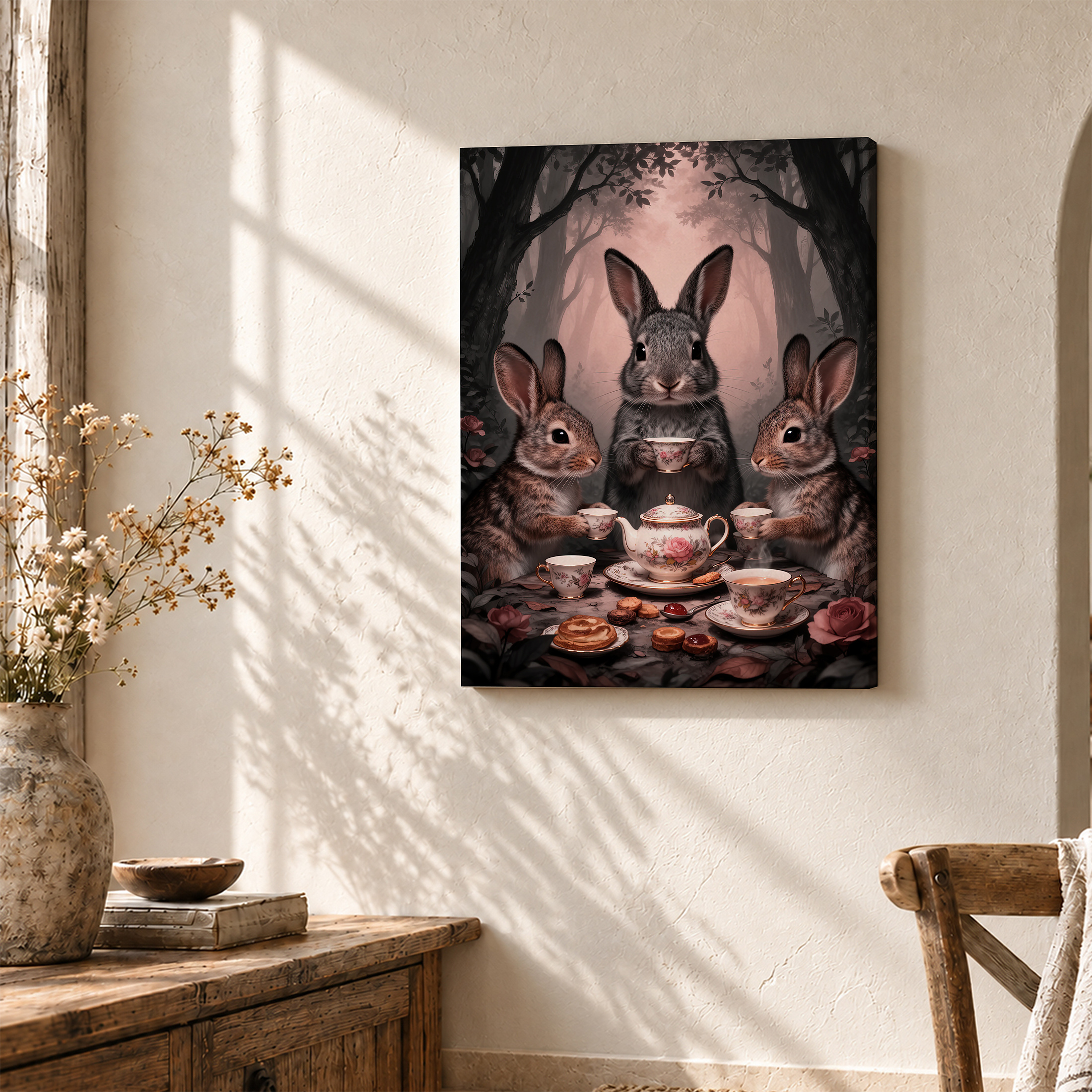 Whimsical Forest Tea Party Rabbits Framed Canvas Wall Art - Ready to Hang - Image 3